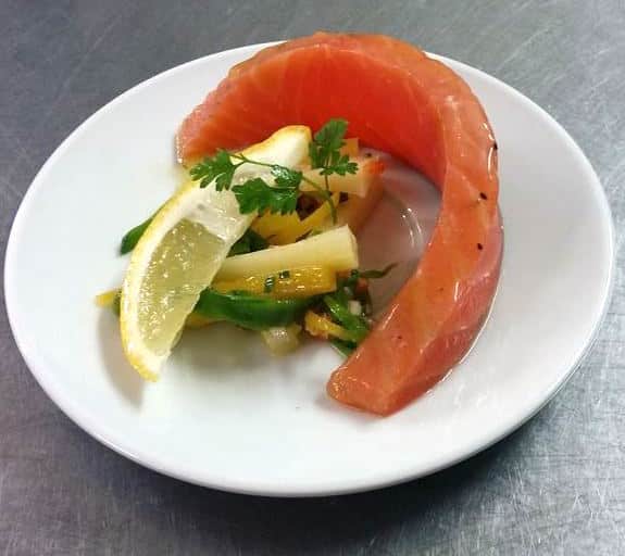 Appetizer for a wedding in Arnas : salad with marinated salmon vegetables